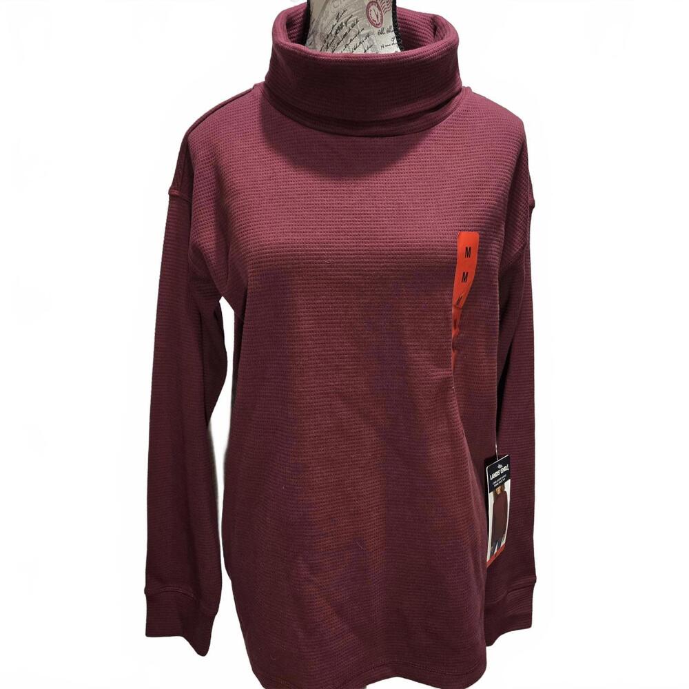 Lands End Women's Long Sleeve Funnel Neck Waffle Top Medium Dark Red